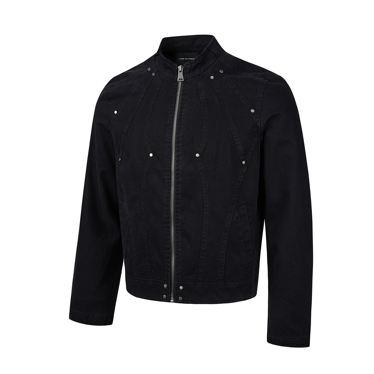 Washed Denim Moto Jacket – Studded Deconstructed Biker Style