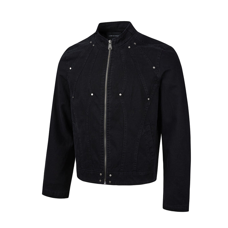 Washed Denim Moto Jacket – Studded Deconstructed Biker Style