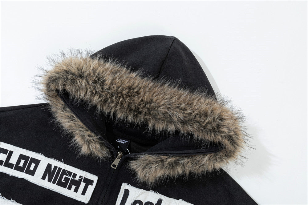 Fur Trim Zip-Up Hoodie with Letter Patch Appliqué and Washed Finish