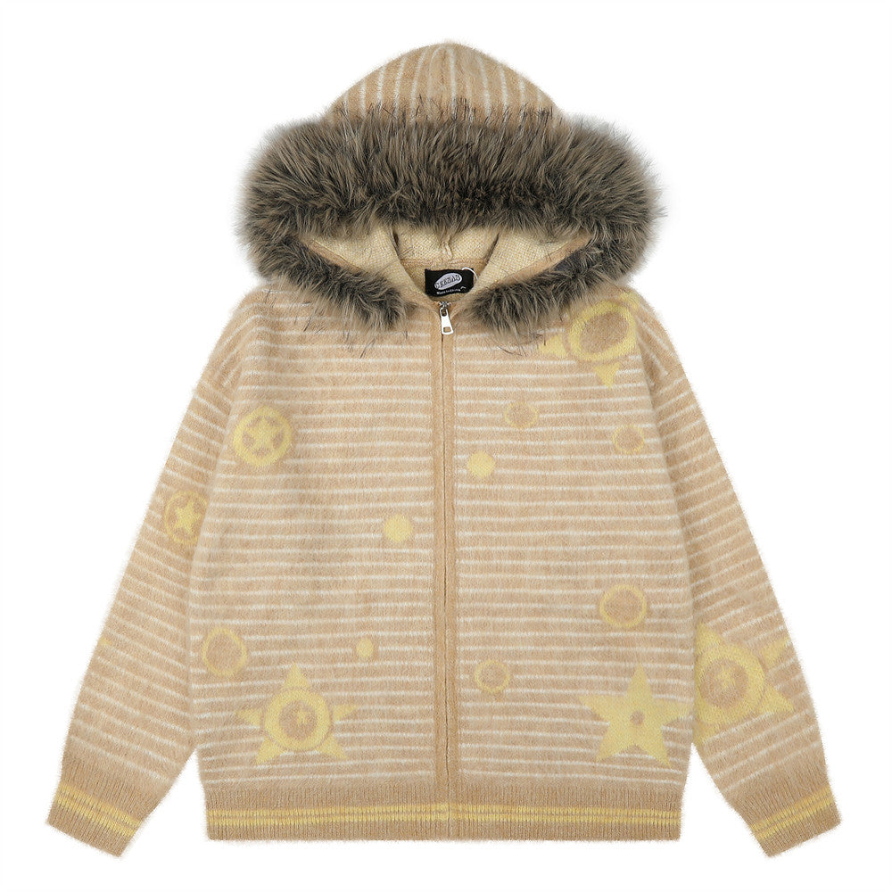Oversized striped knit zip-up hoodie with faux-fur trim hood and jacquard star and circle print in beige colorway