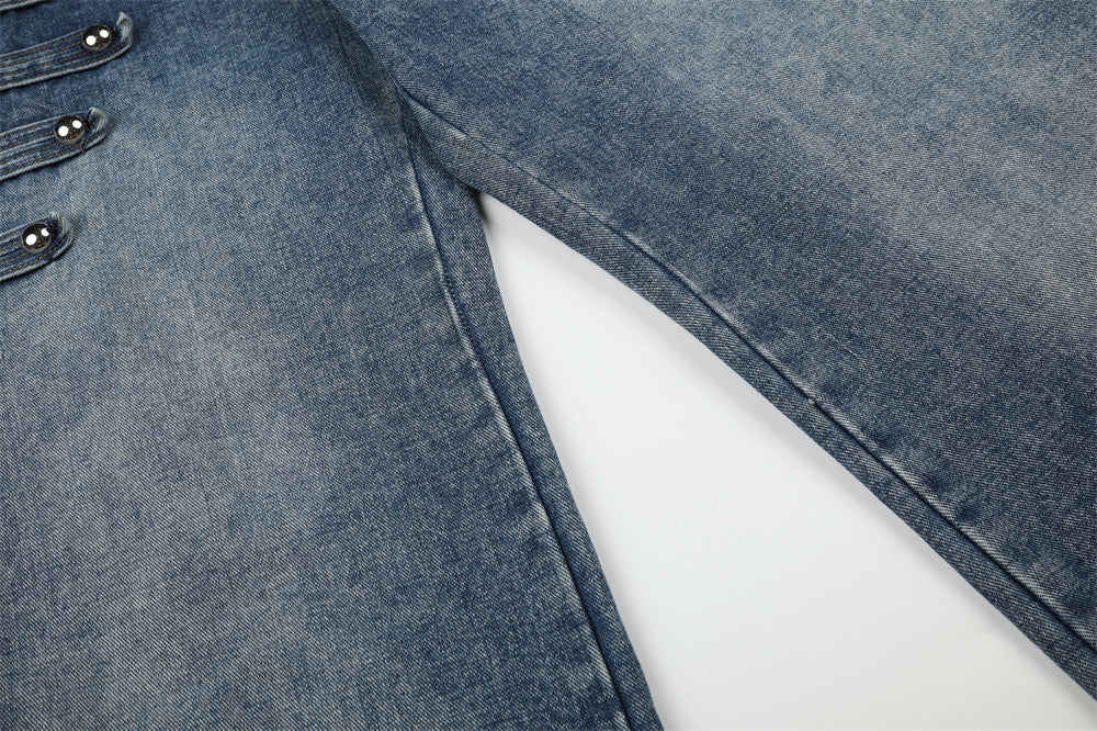 Baggy Wide-Leg Jeans Men – Distressed Denim with Double-Row Stud Detail