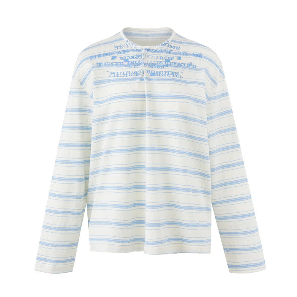 メンズ ブルー＆ホワイトストライプ長袖シャツ｜オーバーサイズ ストリートウェアTシャツ