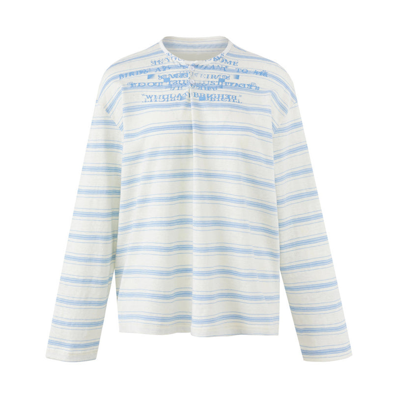 メンズ ブルー＆ホワイトストライプ長袖シャツ｜オーバーサイズ ストリートウェアTシャツ