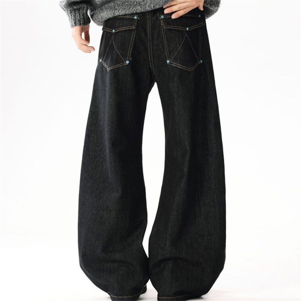 Wide-Leg Barrel Jeans – Turquoise Stud Detail, Curved Silhouette