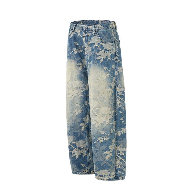 Floral Jacquard Wide-Leg Jeans – Vintage Washed Baggy Denim with Raised Flower