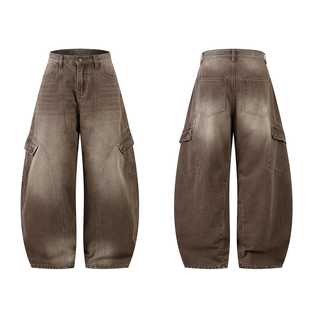 Jean cargo baggy taille haute – Denim marron délavé à jambes larges et coutures courbes