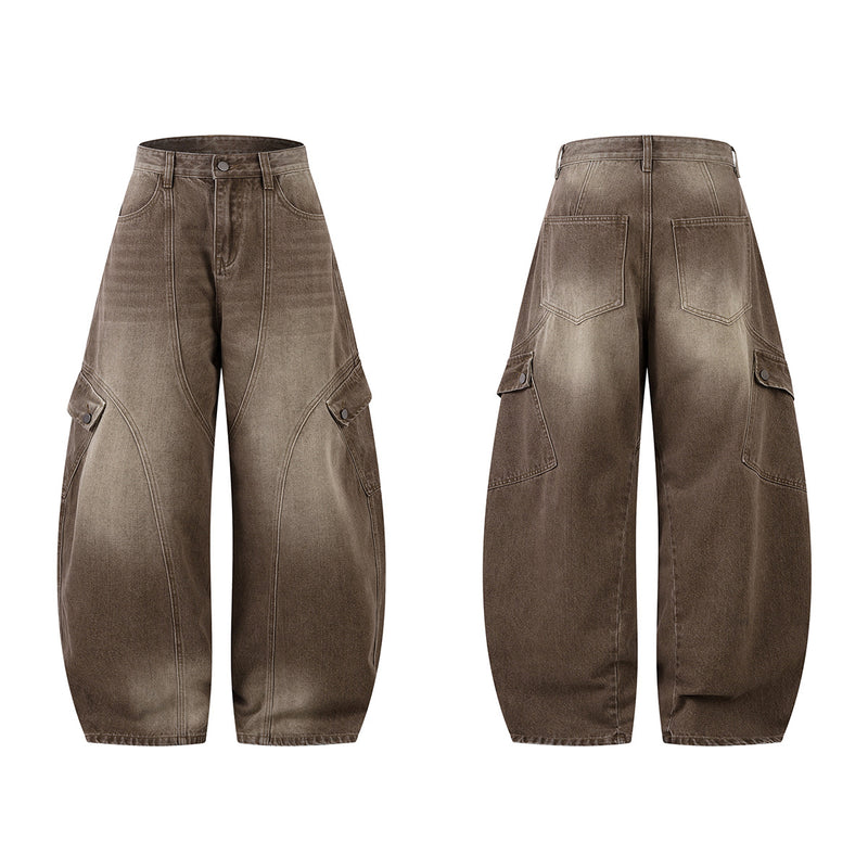 Jean cargo baggy taille haute – Denim marron délavé à jambes larges et coutures courbes