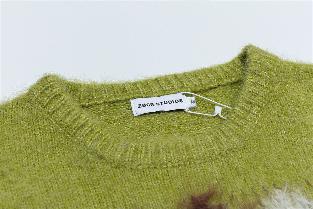 Diamond Jacquard Fringe Crewneck Sweater – Oversized Knit Pullover