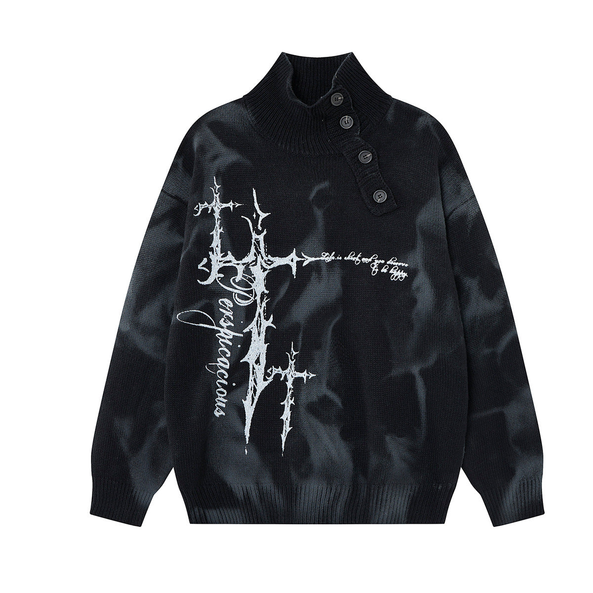 Pull oversize gothique en maille tie-dye, motif croix épineuse et col montant façon sous-pull boutonné en diagonale, noir délavé