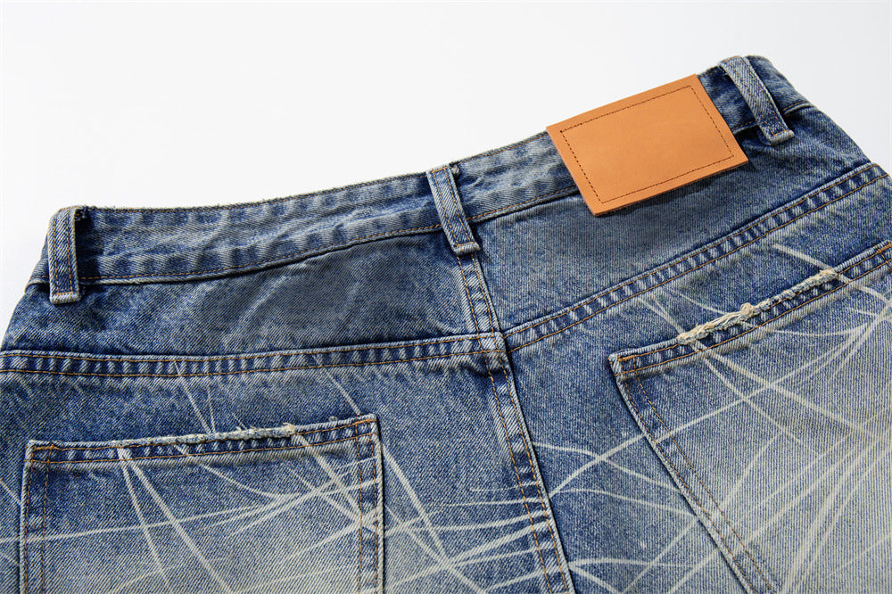 Wide-Leg Jeans with Paint Splatter & Distressed Scratch Print — Grunge Baggy Fit