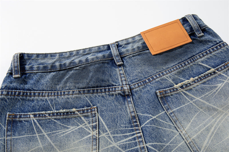 Wide-Leg Jeans with Paint Splatter & Distressed Scratch Print — Grunge Baggy Fit