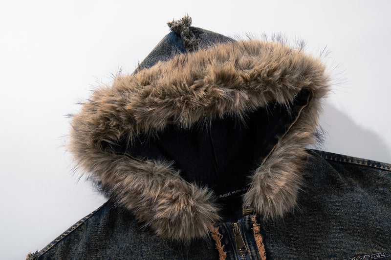 Hooded Denim Jacket with Fur Collar, Number 23 Varsity Patch & Acid Wash Finish