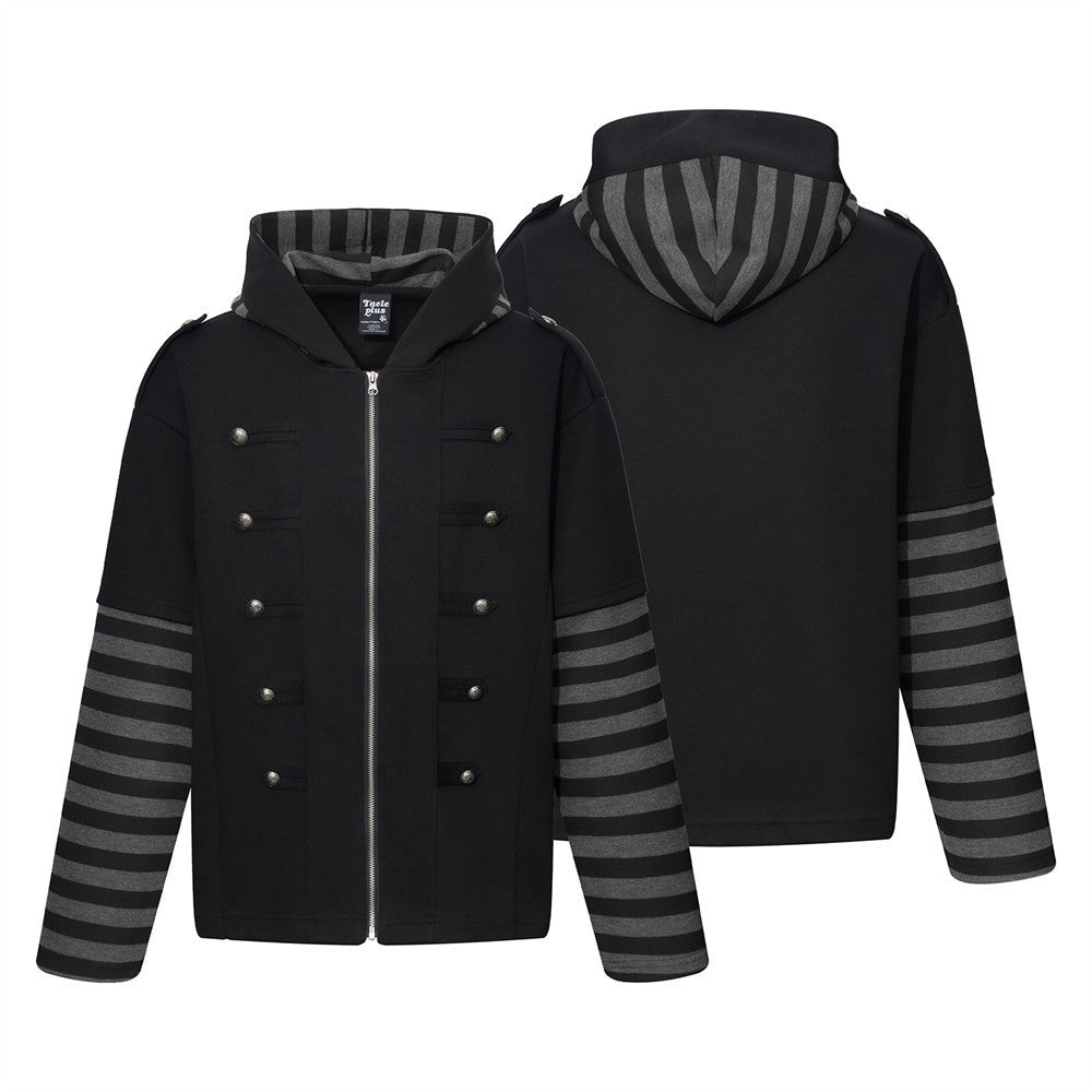 Veste à capuche militaire gothique noire à manches rayées grises, boutons croisés et doublure de capuche rayée, vue avant et ar