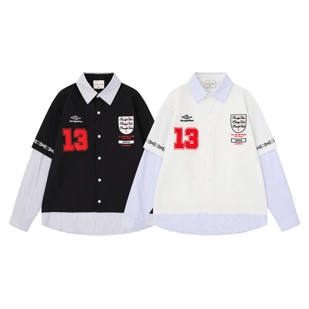 Layered Long Sleeve Shirt Men's Streetwear Faux Two-Piece Number 13 Embroidered