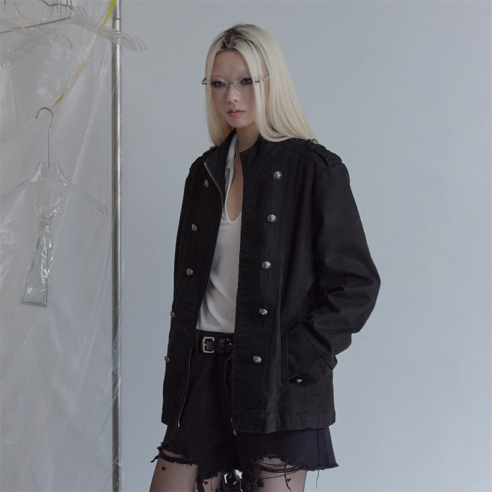 Black double-breasted military jacket with stand collar and silver buttons, front and back view
