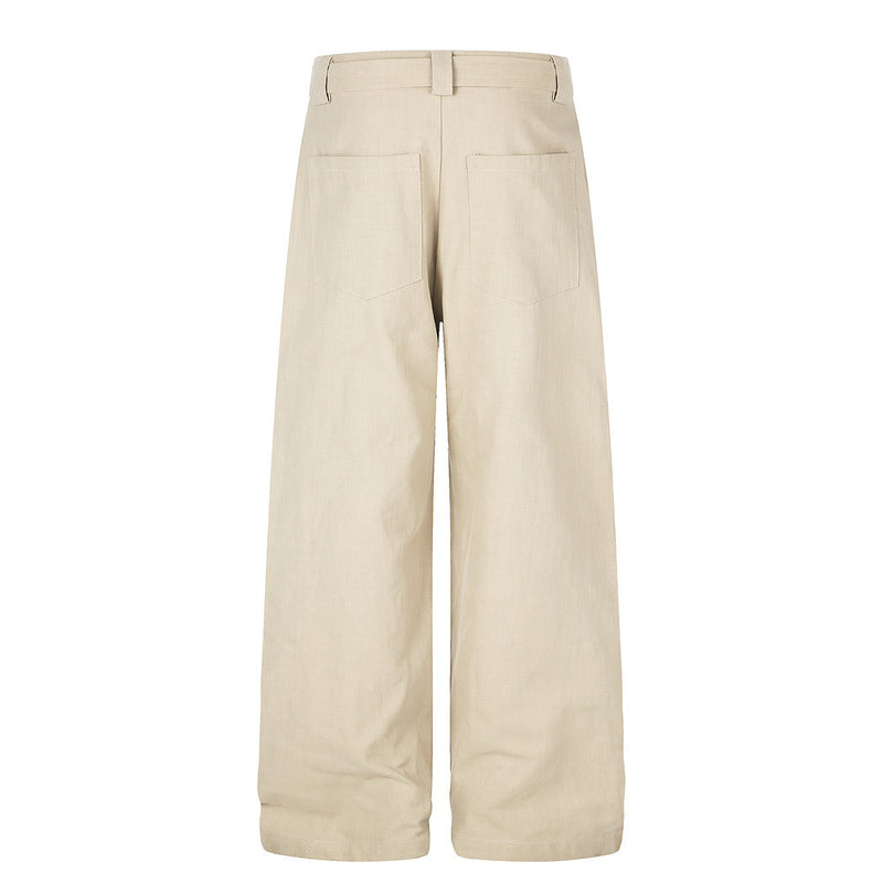 Wide-Leg Pleated Trousers with Button Fly and Belt Ties
