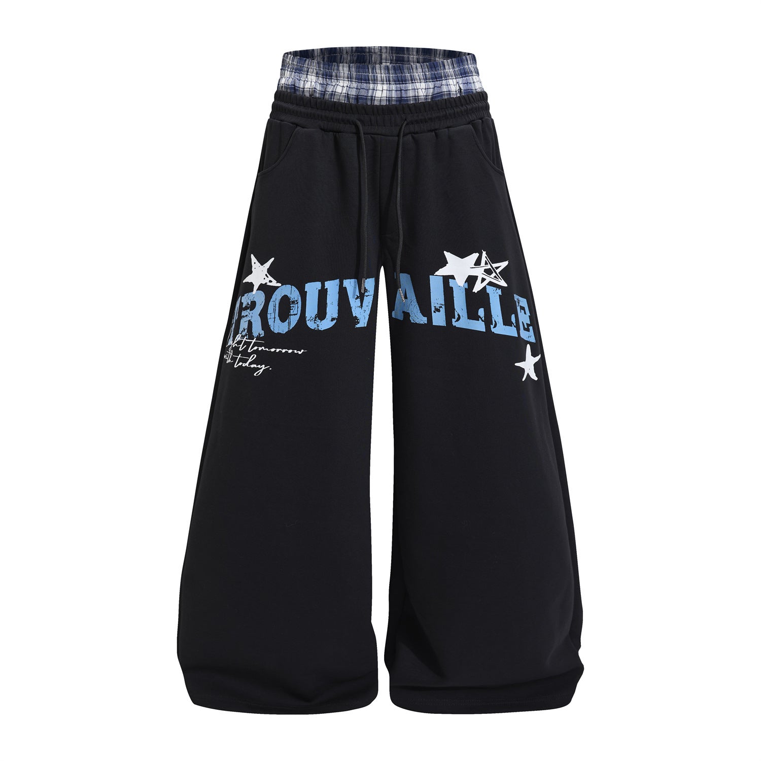 Wide-Leg Sweatpants with Plaid Waistband & Star Print – Trouvaille Graphic