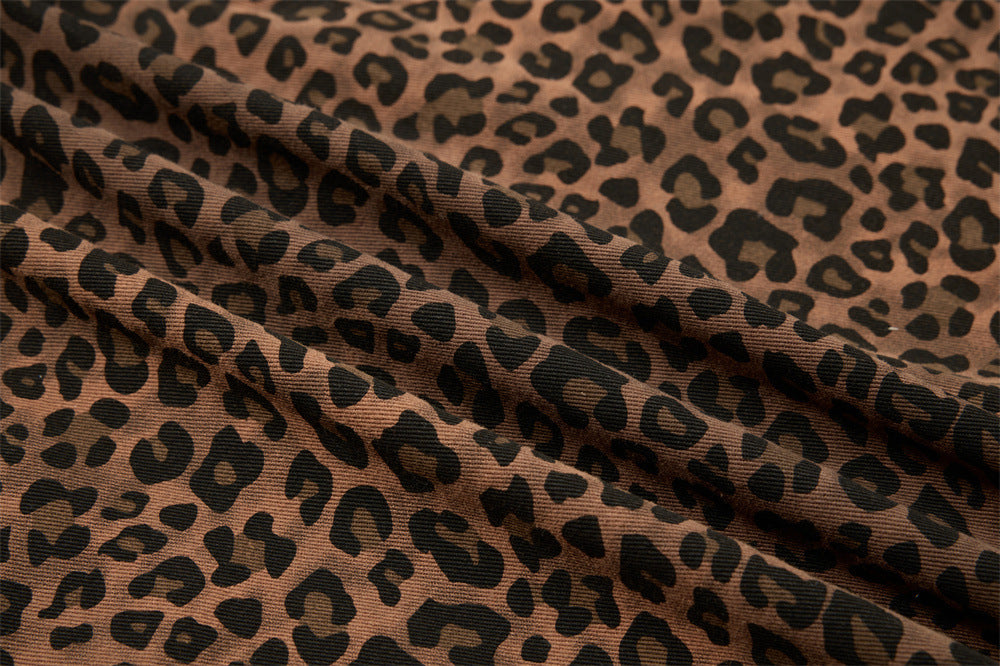 Leopard Print Short Sleeve Shirt with Heart Flocking Patch – Oversized Hip Hop B