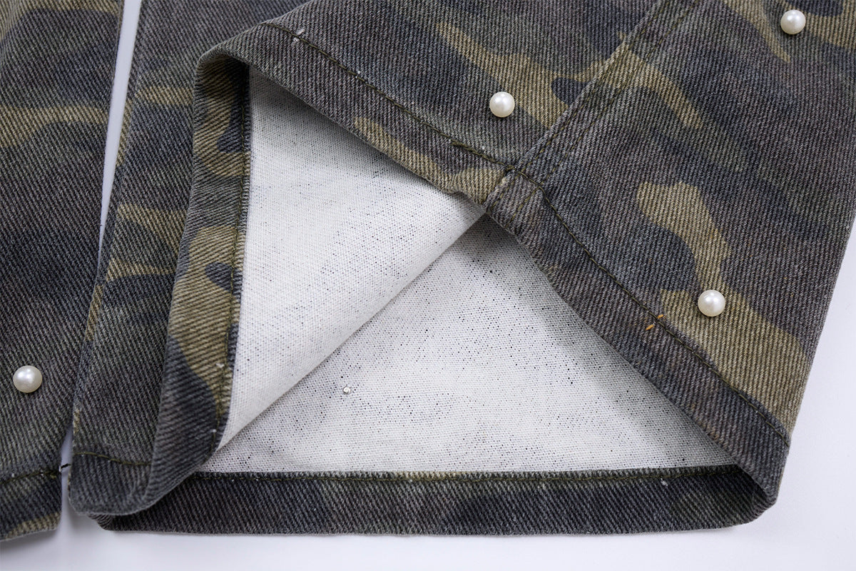 Pantalon cargo droit camouflage à clous perles – Denim à jambes larges
