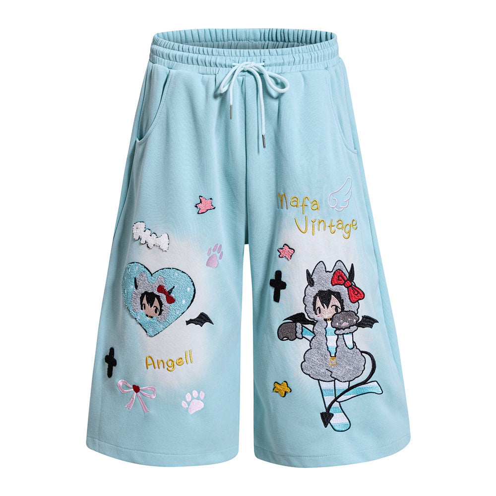 Light blue wide-leg shorts with anime devil-angel embroidery, paw prints, cross patches and Mafa Vintage branding on front