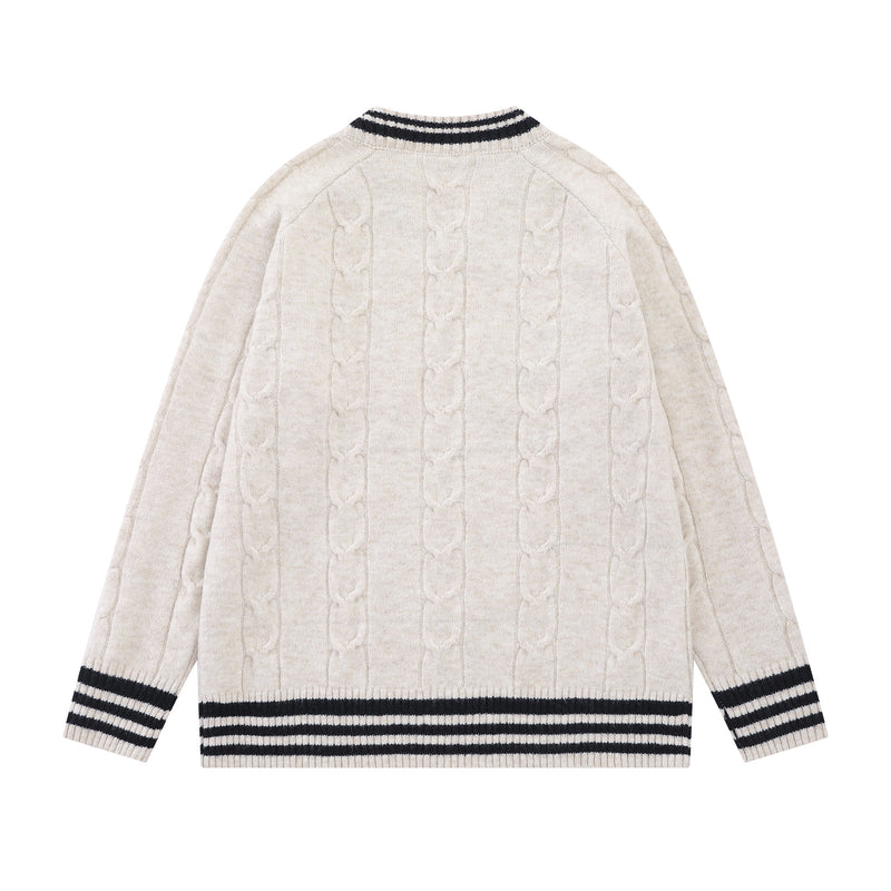 Cable Knit V-Neck Varsity Sweater – Number 8 Collegiate Pullover