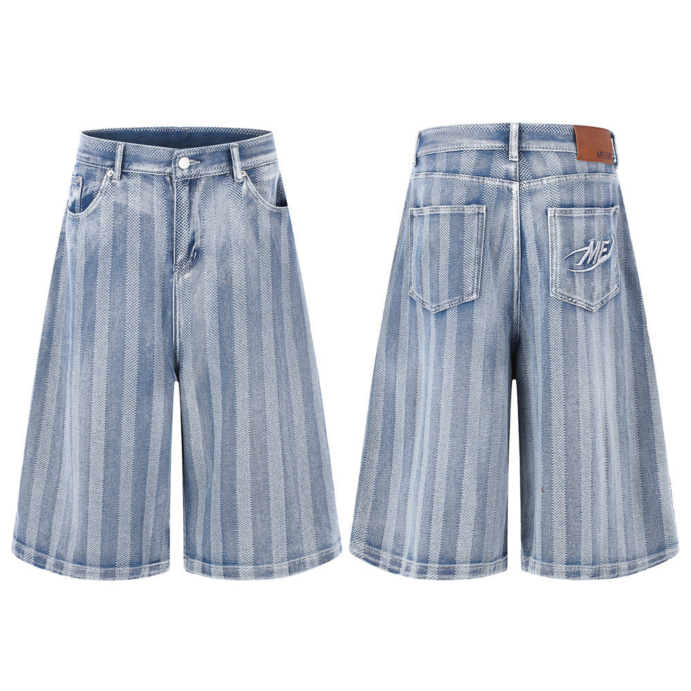 SEAKOFF Men's Vintage Striped Wide-Leg Baggy Denim Shorts | Summer