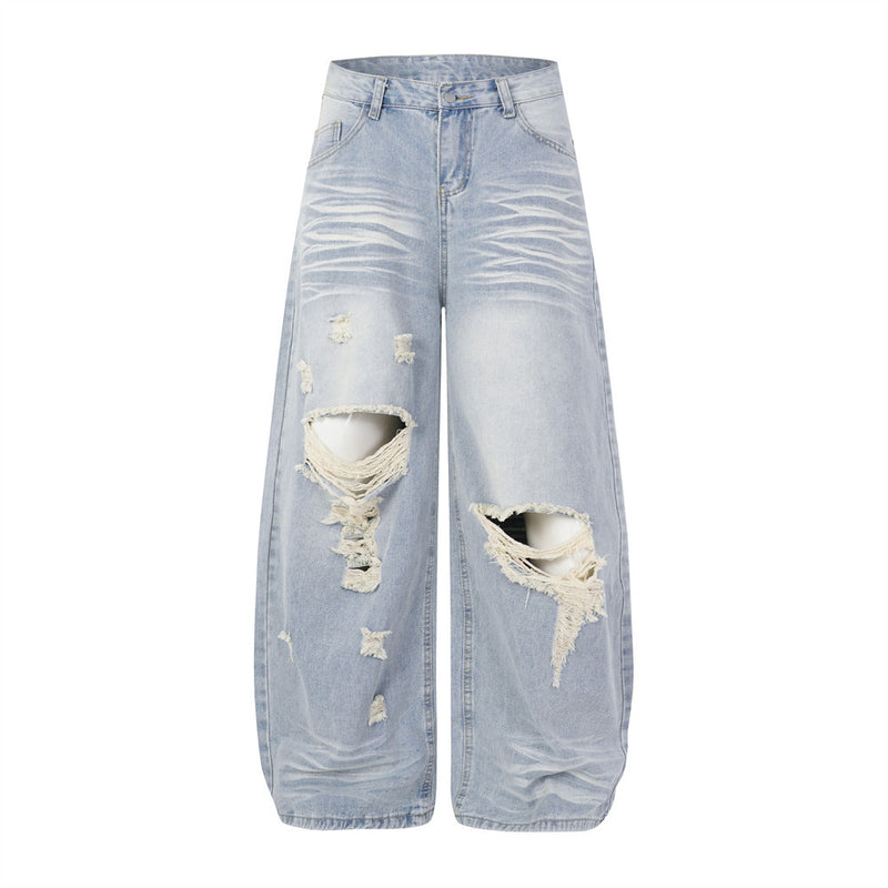Men's Distressed Wide-Leg Baggy Jeans – Light Wash Vintage Punk Style
