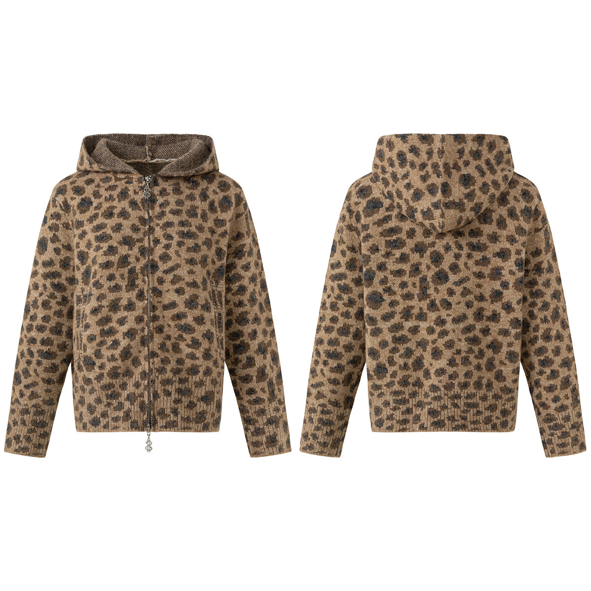 Leopard Print Knit Zip-Up Hoodie – Relaxed Fit Unisex Sweater Jacket