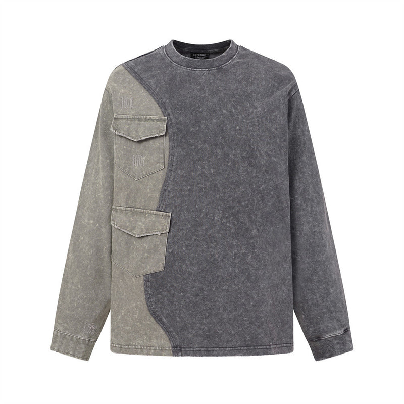 Sweat-shirt à manches longues colorblock, délavage acidulé, poches cargo, patchwork bicolore anthracite et taupe