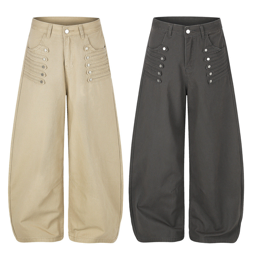 Men's Wide-Leg Barrel Pants with Decorative Button Detail