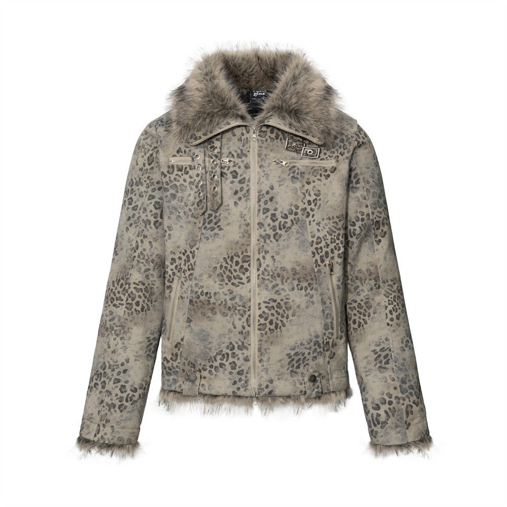 Distressed grey leopard print zip-up jacket with faux fur collar, cuffs, and hem trim, shown front and back