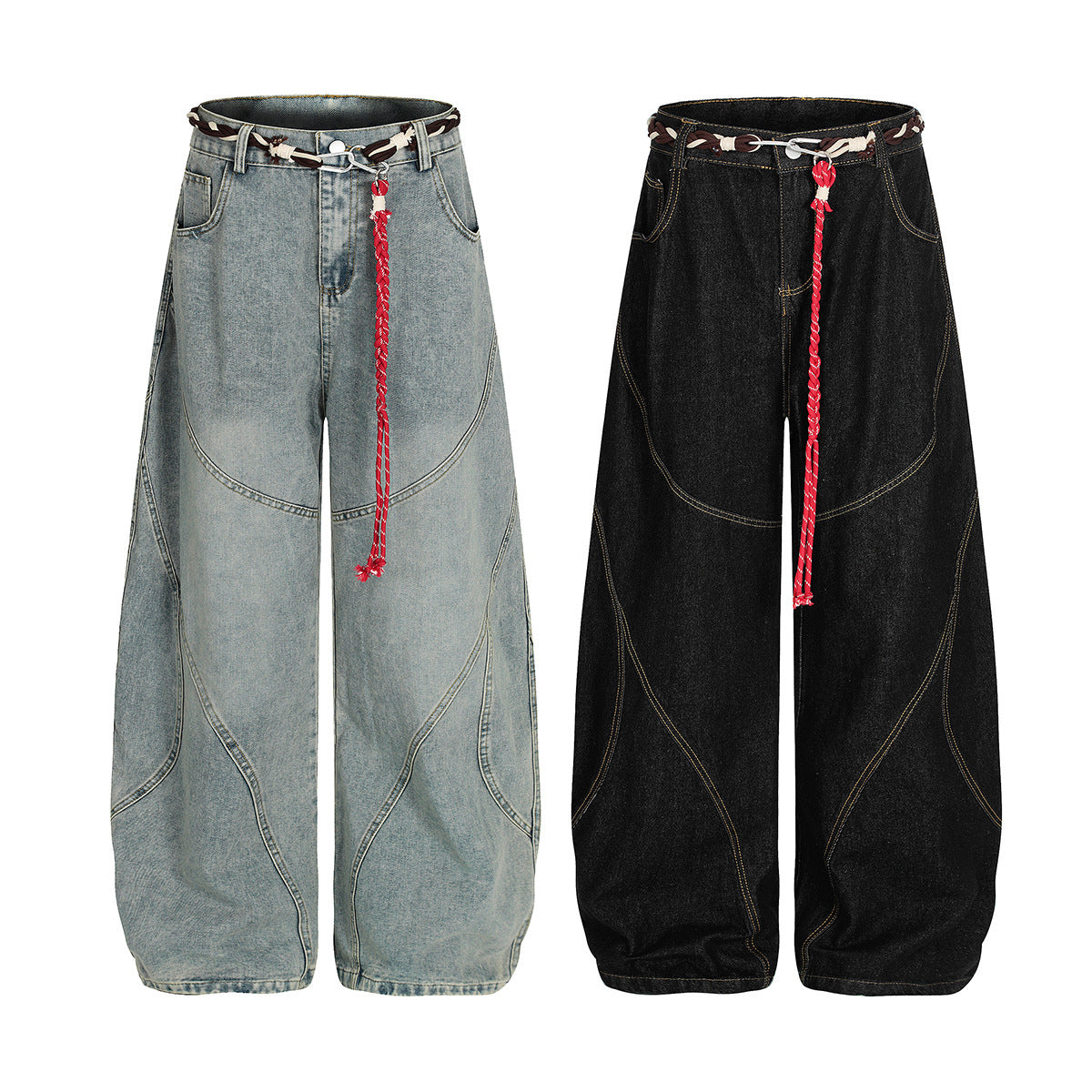 Vaqueros barrel de pierna ancha – Denim lavado con patchwork deconstruido y cinturón trenzado