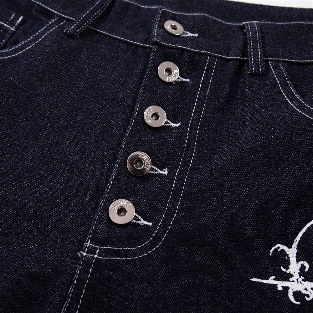 Wide-Leg Jeans with Gothic Cross & Script Embroidery, Button Fly, Dark Indigo