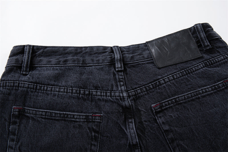 Star Embroidered Wide-Leg Jeans – Washed Black Denim with Side Floral Detail