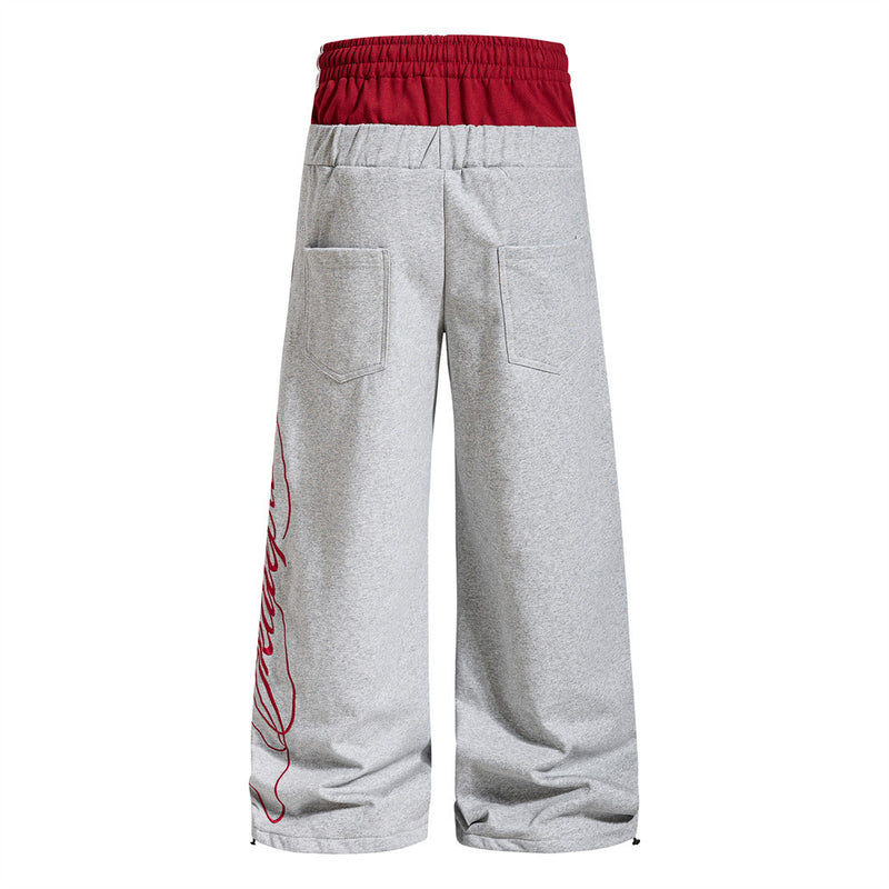 Men's Colorblock Double Waistband Wide-Leg Sweatpants with Embroidered Graphic