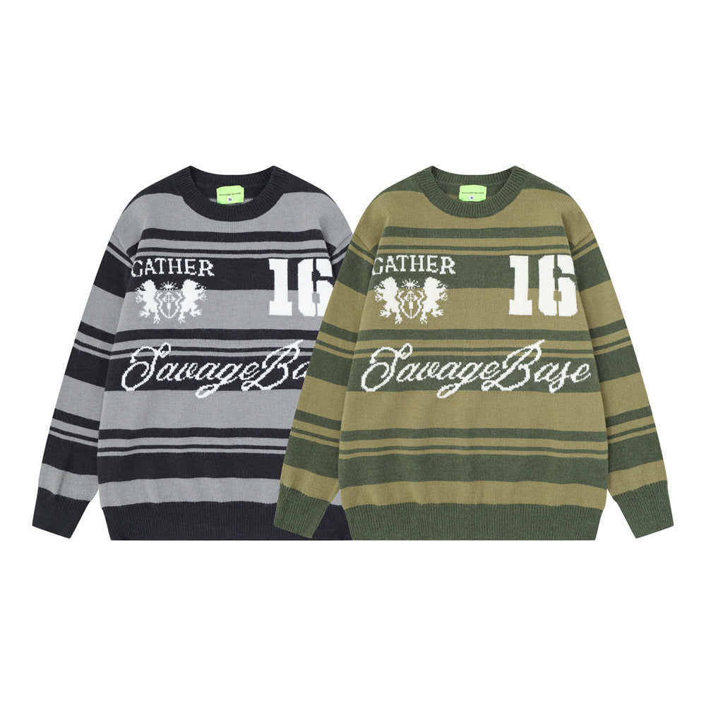 Gestreifter Jacquard-Strickpullover – Gather 16 SavageBase-Print, Relaxed Rundhalsausschnitt