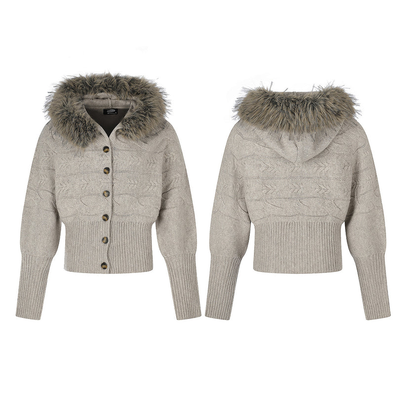 Cable Knit Hooded Cardigan with Faux Fur Collar – Cropped Button-Front Sweater