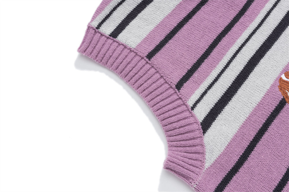 Striped V-Neck Sweater Vest with Dog Embroidery – Relaxed Fit Knit