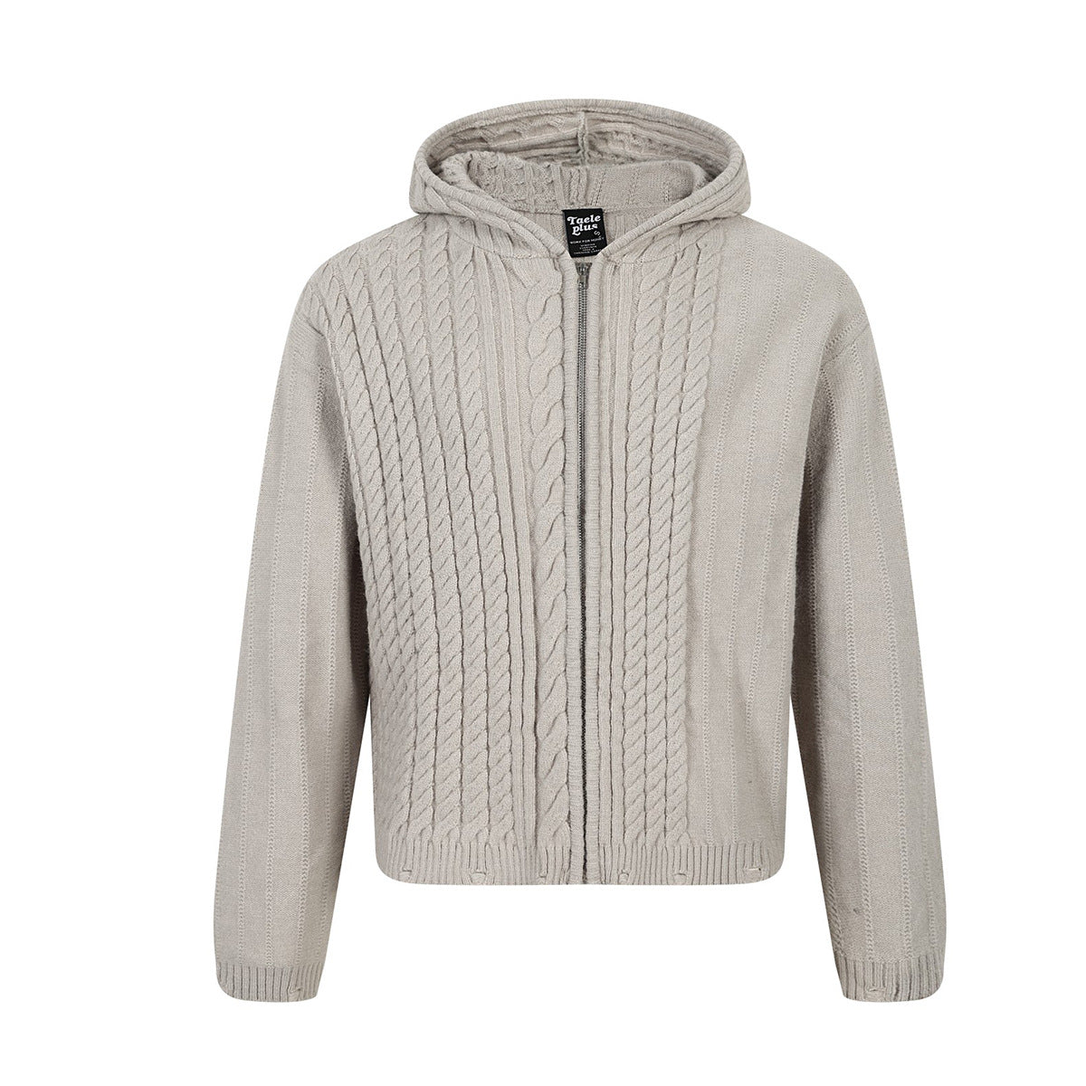 Cable knit zip-up hoodie sweater in oat beige with irregular twist braid pattern and full-length zipper, front and back view