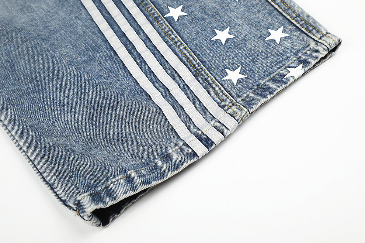 High Waist Baggy Jeans – Star Print Wide-Leg Denim with Triple Stripe Detail
