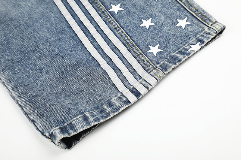 High Waist Baggy Jeans – Star Print Wide-Leg Denim with Triple Stripe Detail