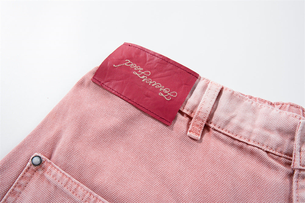 Wide-Leg Carpenter Jeans – Patchwork Studded Pink Washed Denim