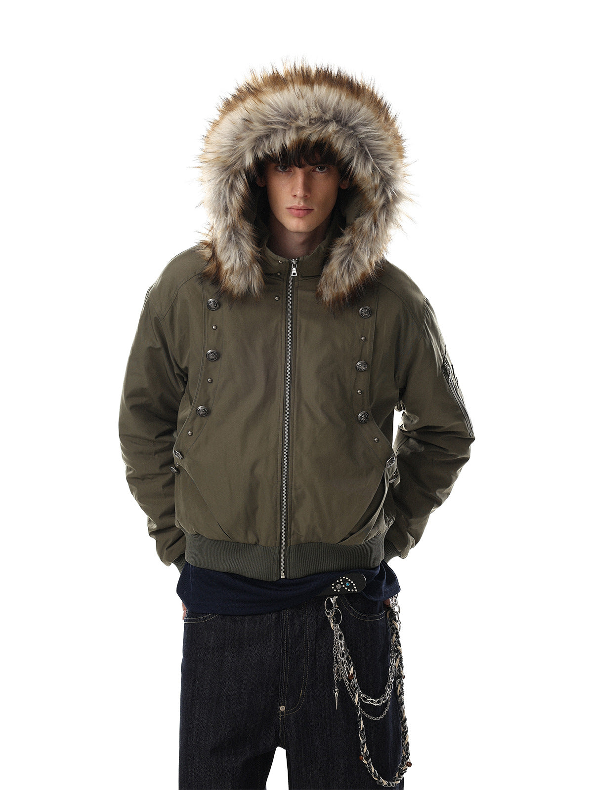 Men's padded bomber jacket with faux-fur trimmed hood and double-breasted button detail in military olive