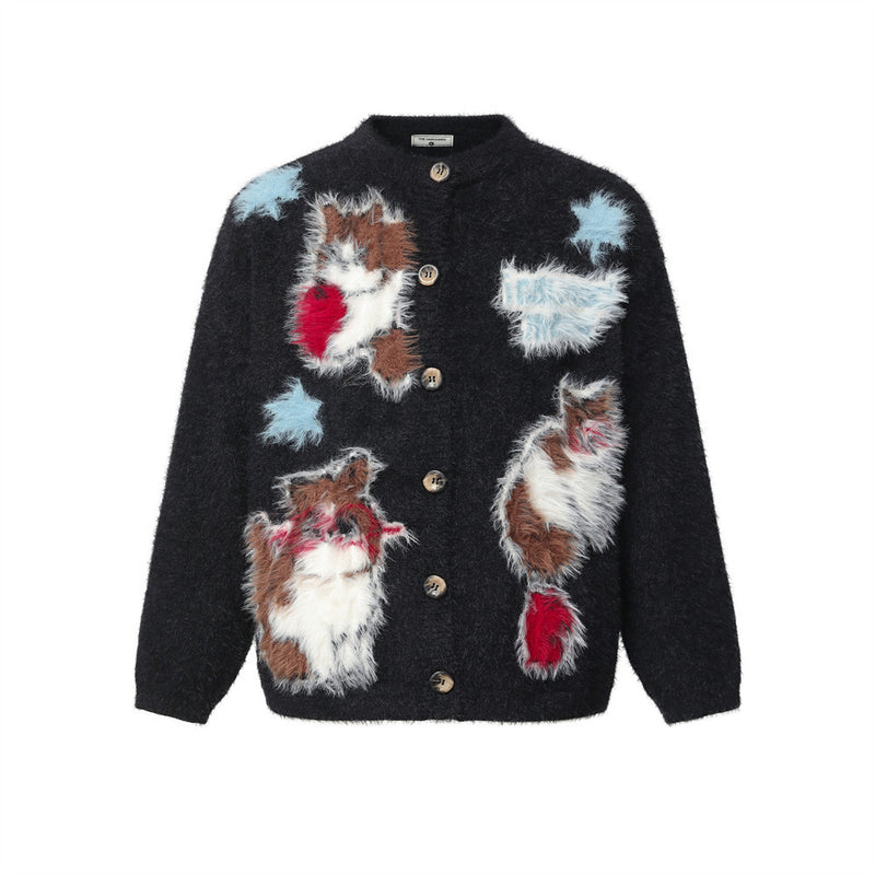 Fuzzy knit crew-neck cardigan with 3D cat cartoon intarsia graphics and light-blue snowflake accents in charcoal black colorw