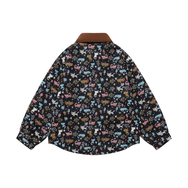 Cartoon Cat Allover Print Jacket with Fleece Collar & 3D Bear Clasp, Relaxed Fit