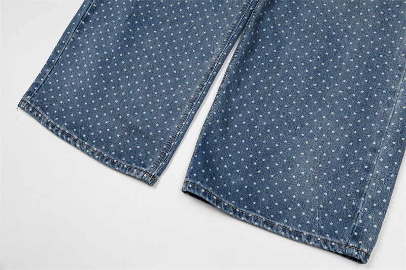 Star Print Wide-Leg Jeans – Baggy Dad Fit, Washed Denim