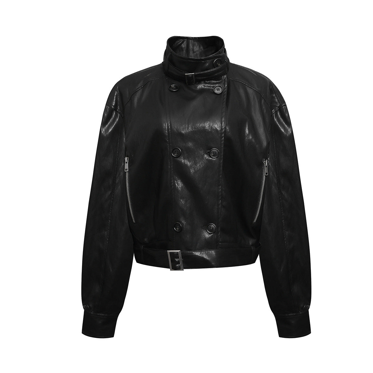 Faux Leather Biker Jacket – Oversized Stand Collar, Double-Breasted, Moto Style