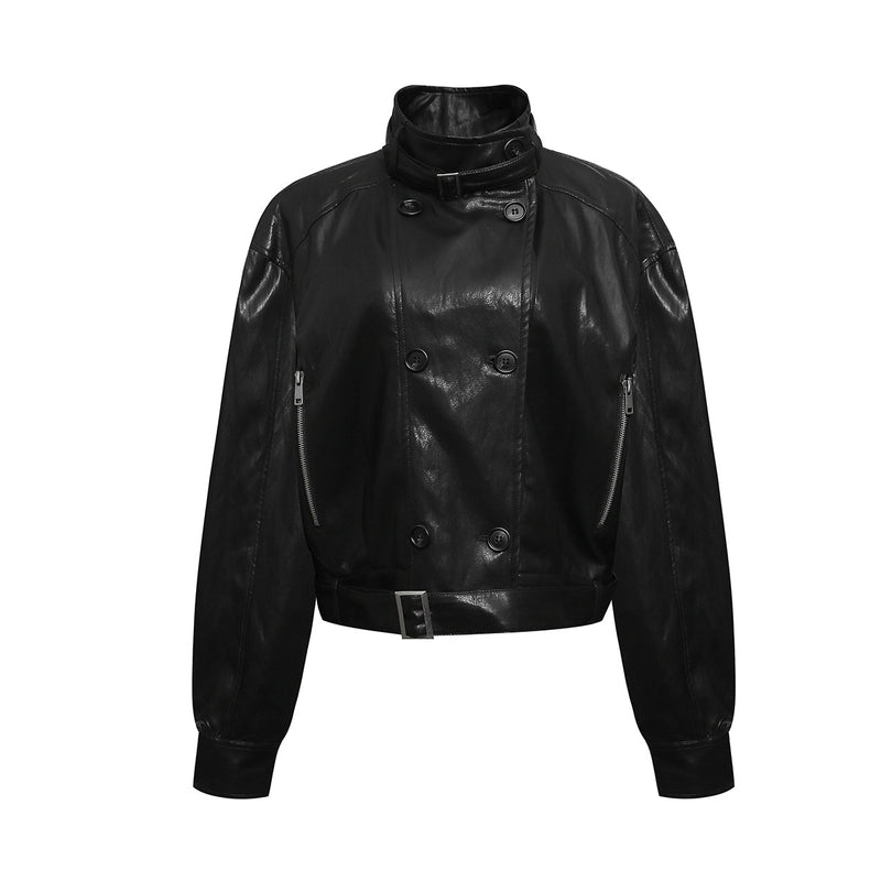 Faux Leather Biker Jacket – Oversized Stand Collar, Double-Breasted, Moto Style