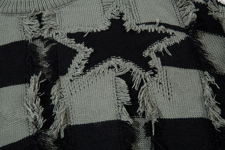 Pull oversize en maille rayée à étoiles délavée – Col rond à franges
