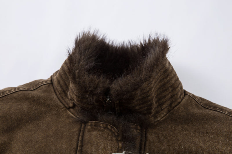 Sherpa Lined Denim Jacket with Fur Collar & Toggle Clasps